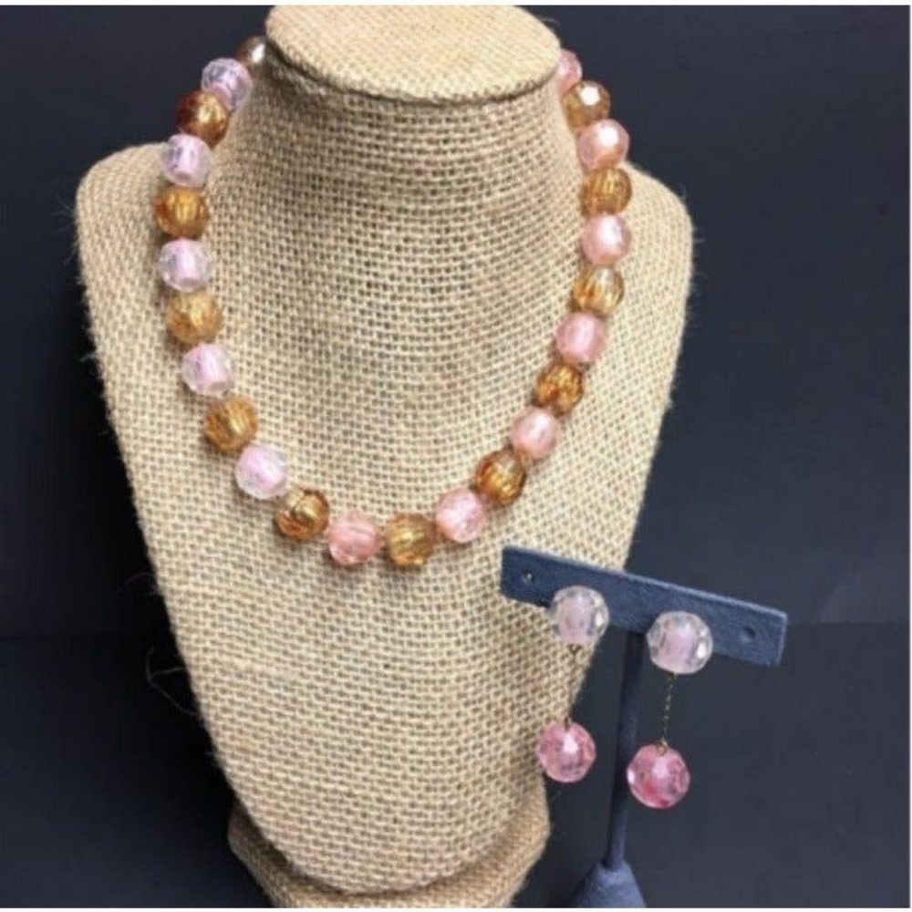 VTG Pop Bead Necklace Earrings Lot Pink Peach Faceted Adjustable Retro